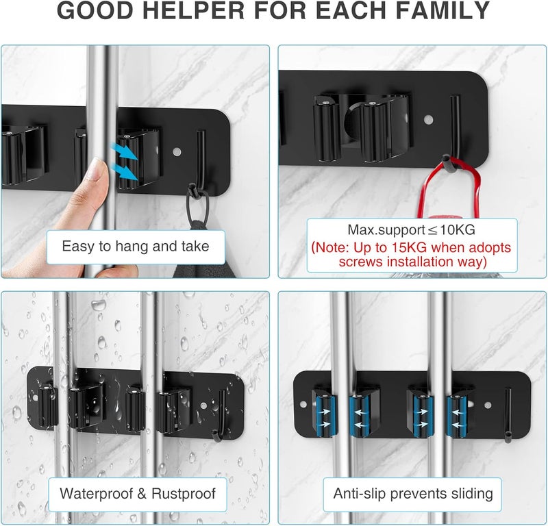 homeasy Wall Mount Mop and Broom Holder, Heavy Duty Stainless Steel Organizer Rack with Hooks | 2-Pack, 2-in-1 No Drill & Screw Installation, Black - Image 4